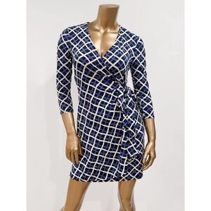 Donna Morgan Women's Blue Geometric 3/4 Sleeve Faux Wrap Dress Size 2P